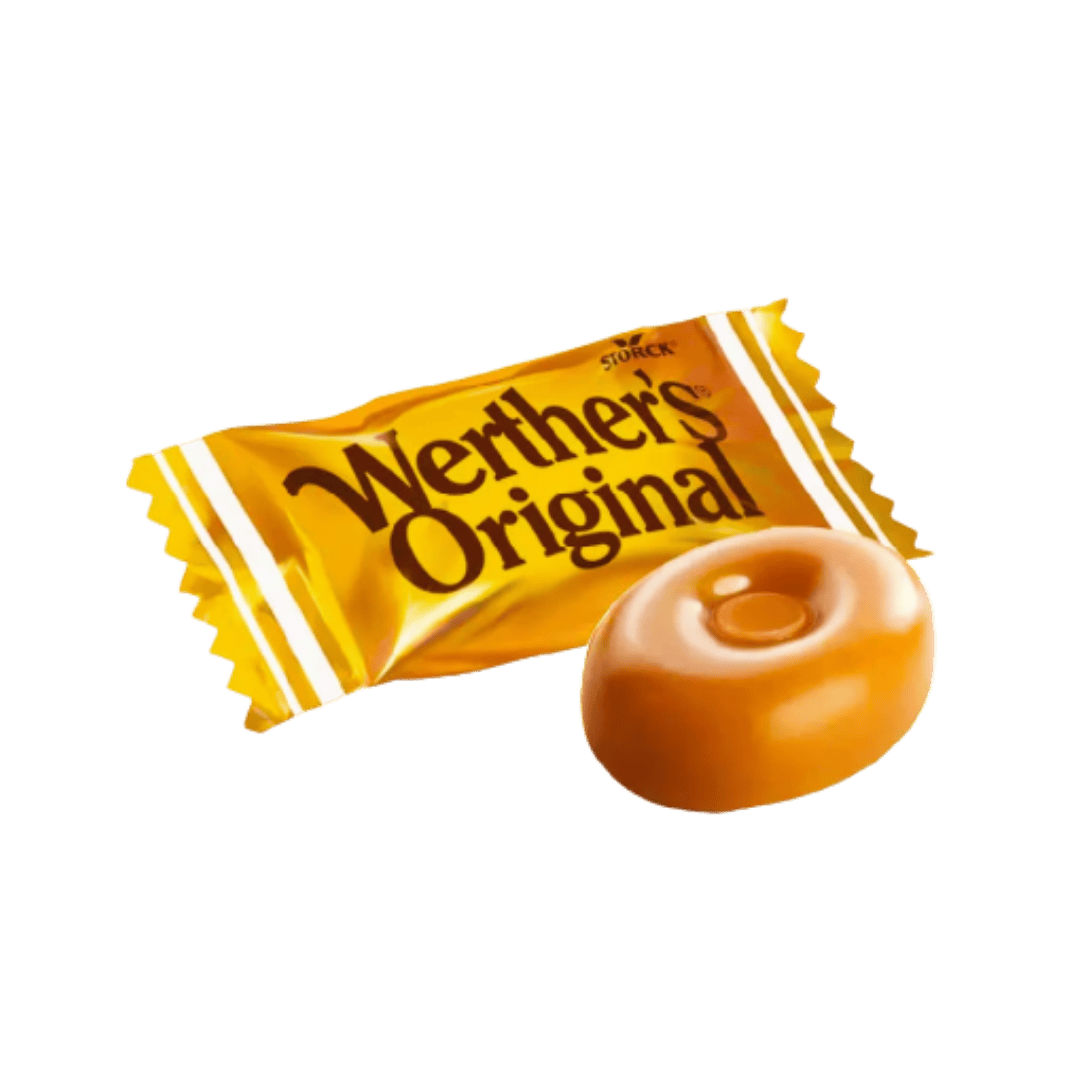 Werther's Original classic caramel candy wrapper and piece, showcasing rich buttery flavor and smooth texture.